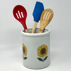 VINTAGE Cordon Bleu Sunflower Ceramic Crock Utensil Holder excellent Cond BIA